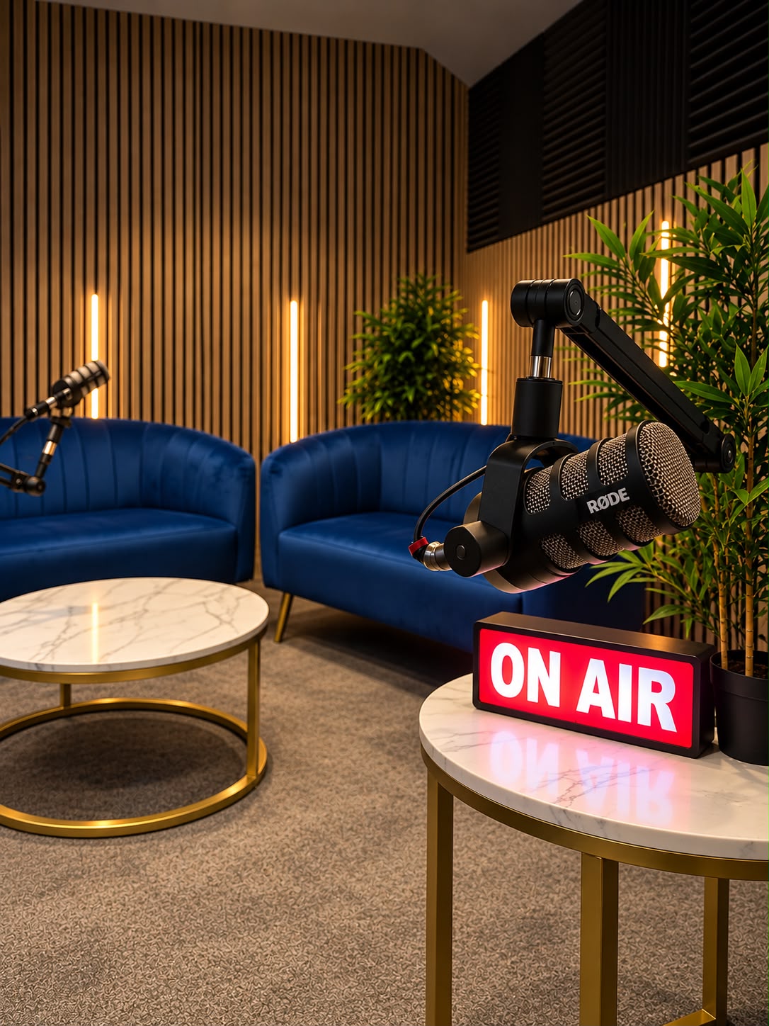 Microphones and seating in The Attic podcast studio